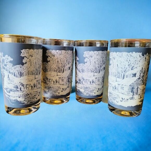 JUICE GLASSES WINTER WONDERLÀND  COBALT BLUE VINTAGE   Set of 6 6" - Picture 2 of 7